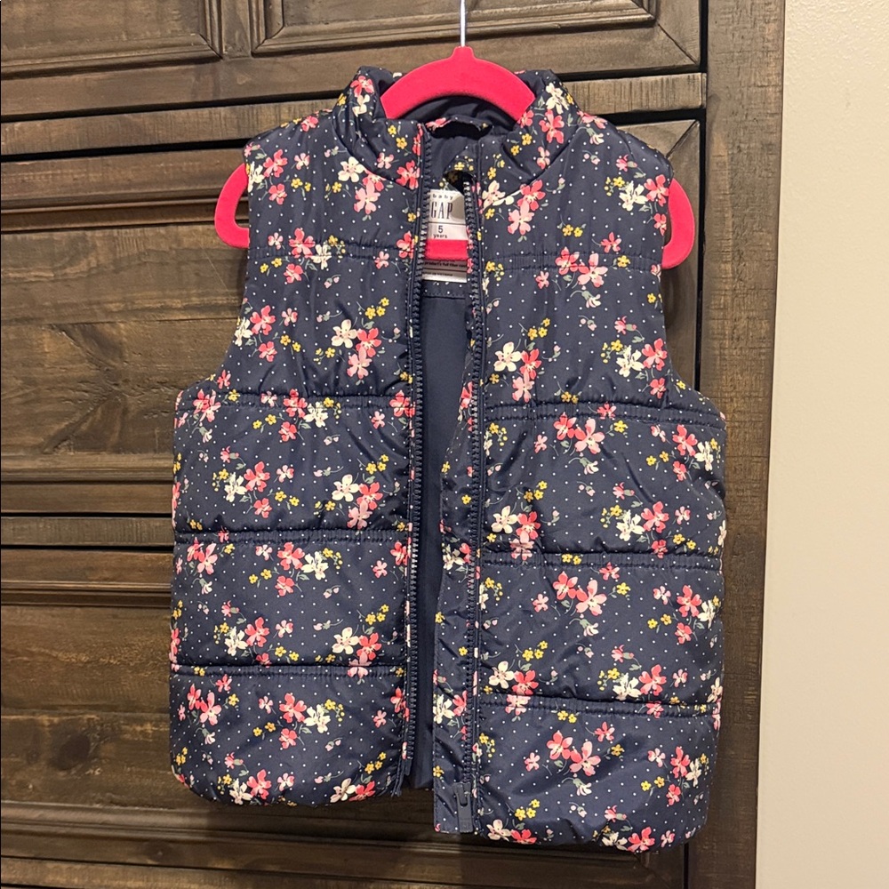 GAP Kids Floral Puffer Vest - Navy and Pink